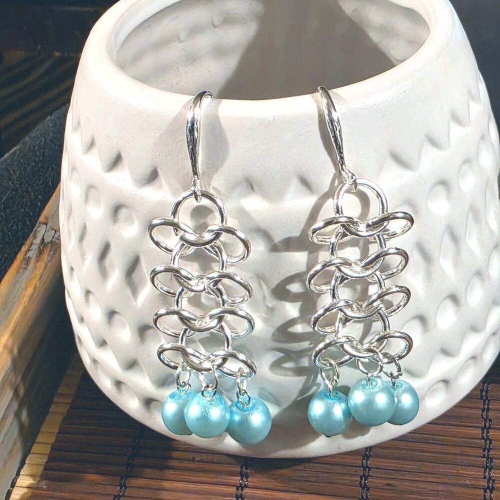 Handmade Light Blue Glass Pearls Sterling Silver Plated Chainmaille Earrings